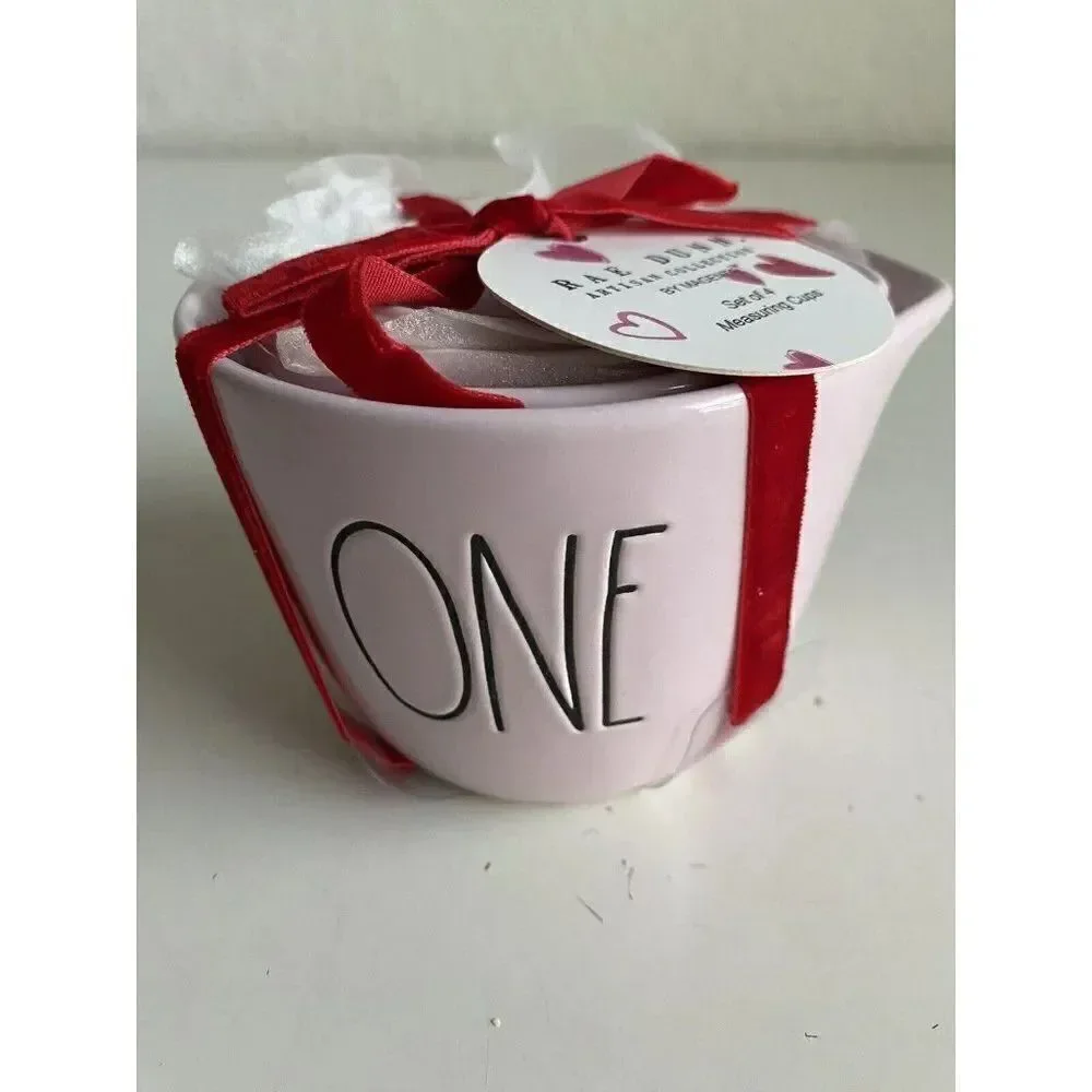 Set Of 4 Rae Dunn VALENTINE PINK Measuring Cups With Heart Cutout‎ Ceramic NEW